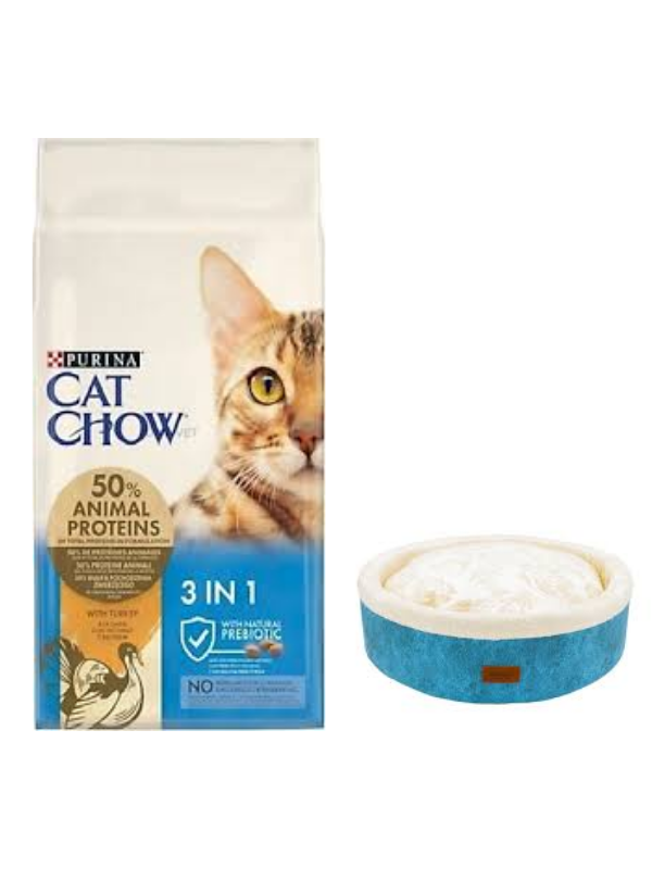 Cat Chow 3ü1 Arada Hindili Yetişkin Kedi Maması 15 Kg, Mavi Mia Donut Yatak