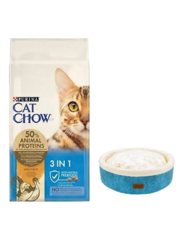 Cat Chow 3ü1 Arada Hindili Yetişkin Kedi Maması 15 Kg, Mavi Mia Donut Yatak