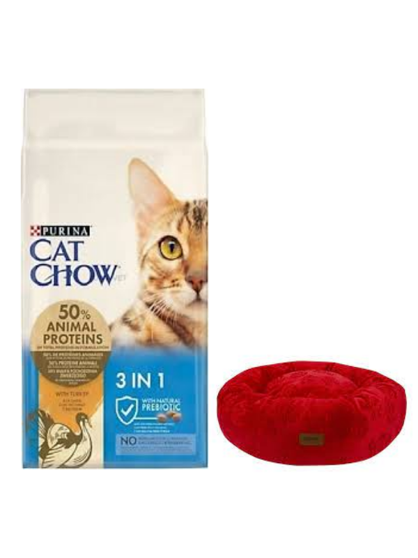 Cat Chow 3ü1 Arada Hindili Yetişkin Kedi Maması 15 Kg, Kırmızı Luxe Donut Yatak