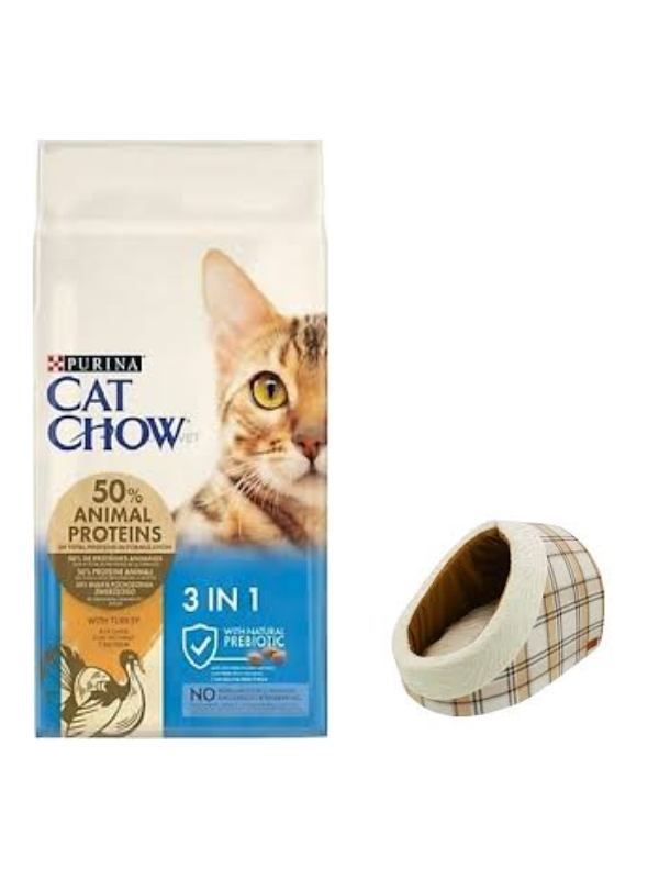 Purina Cat Chow 3ü1 Arada Hindili Yetişkin Kedi Maması 15 KG, Mia Alaska Ekose Krem Yatak