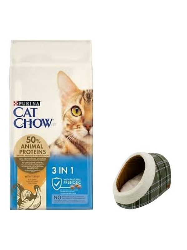 Cat Chow 3ü1 Arada Hindili Yetişkin Kedi Maması 15 Kg, Mia Alaska Ekose Yeşil Yatak