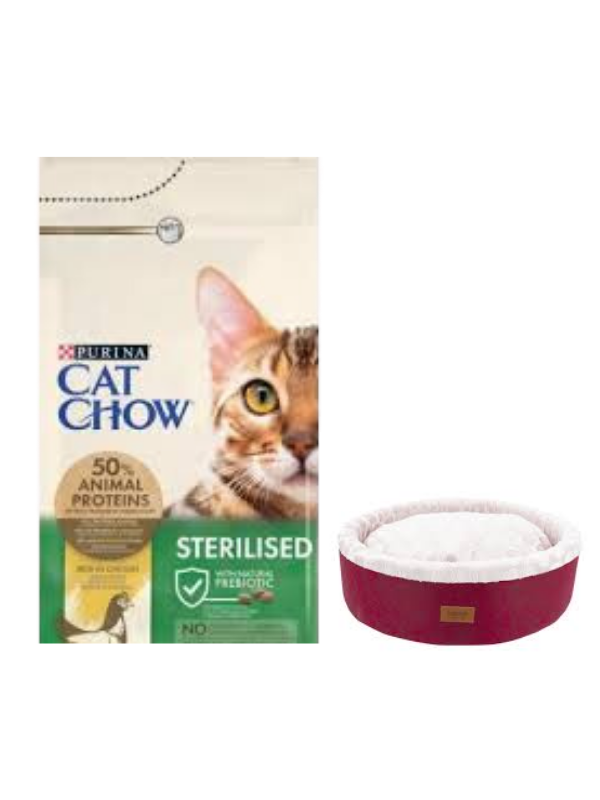 Cat Chow Sterilised Yetişkin Kedi Maması 15 Kg, Bordo Mia Donut Yatak