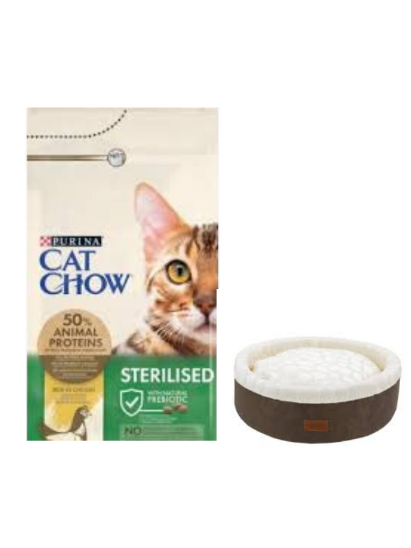 Cat Chow Sterilised Yetişkin Kedi Maması 15 Kg, Kahve Mia Donut Yatak