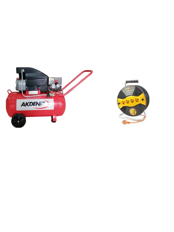 Akdeniz 2 HP 50 LT Hava Kompresörü 8 Bar+Leo 3x1,5 20 mt Seyyar