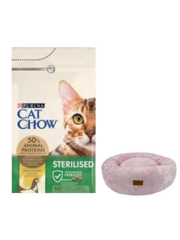 Cat Chow Sterilised Yetişkin Kedi Maması 15 Kg, Pembe Luxe Donut Yatak
