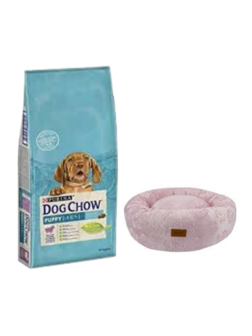 Dog Chow Kuzu Etli Yavru Köpek Maması 14 Kg,Pembe Luxe Donut Yatak