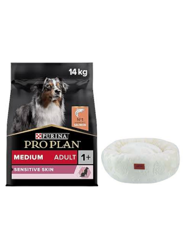 Pro Plan Medium Adult Somonlu Hassas Yetişkin Köpek Maması 14 Kg,Beyaz Luxe Donut Yatak