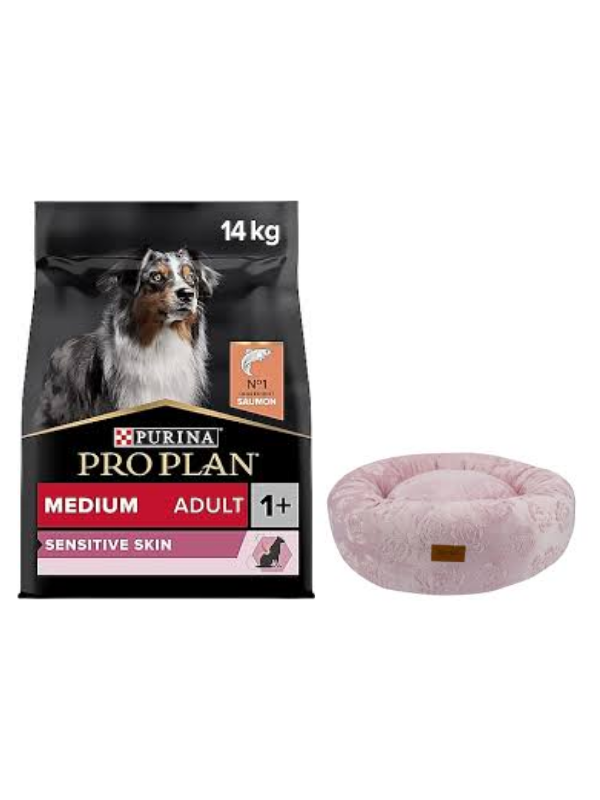 Pro Plan Medium Adult Somonlu Hassas Yetişkin Köpek Maması 14 Kg,Pembe Luxe Donut Yatak
