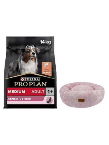Pro Plan Medium Adult Somonlu Hassas Yetişkin Köpek Maması 14 Kg,Pembe Luxe Donut Yatak