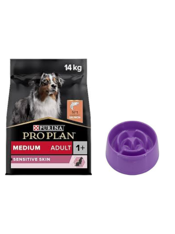 Pro Plan Medium Adult Somonlu Hassas Yetişkin Köpek Maması 14 Kg,Yavaş Yeme Mama Kabı 775 Ml.