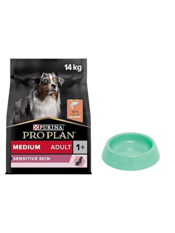 Pro Plan Medium Adult Somonlu Hassas Yetişkin Köpek Maması 14 Kg,Yuvarlak Su ve Mama Kabı