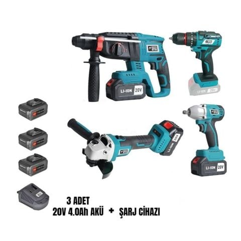 Catpower 1380 Darbeli Vidalama, Kırıcı-Delici, Avuç Taşlama, Somun Sıkma 3 Adet 20V 4,0 Ah Li-Ion Akülü Set