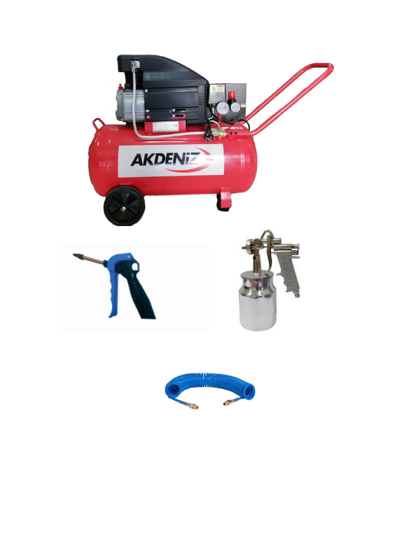 Akdeniz 2 HP 50 LT Hava Kompresörü 8 Bar+Kompresör Seti 4 Parça