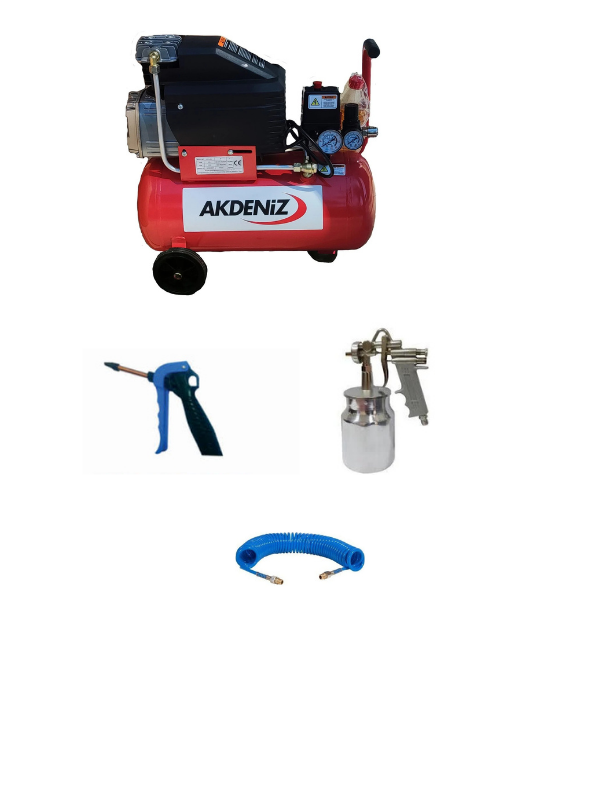 Akdeniz 2 HP 25 LT Hava Kompresörü 8 Bar+Kompresör Seti 4 Parça