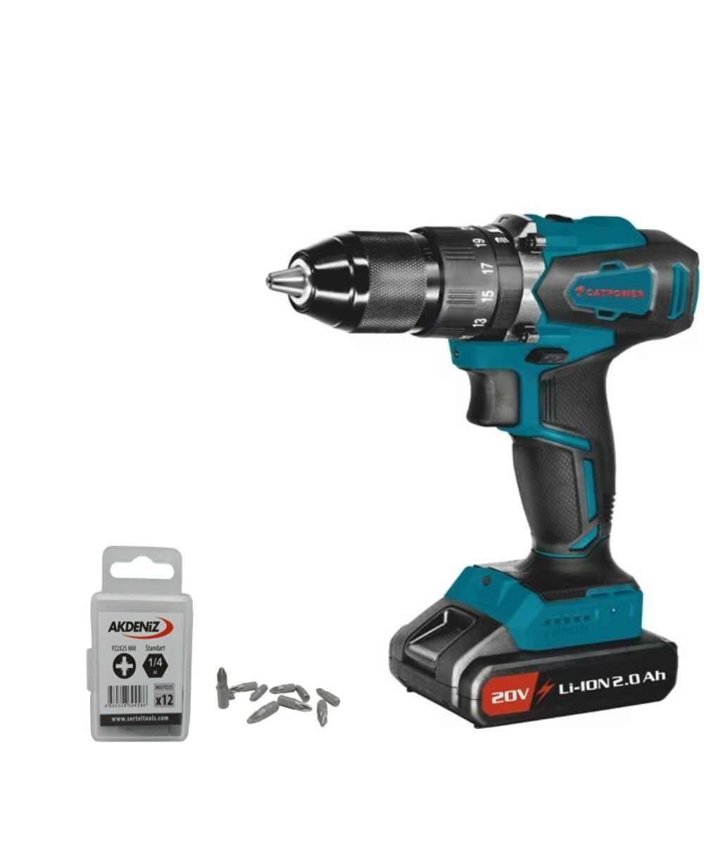 Catpower 4111 20V 2.0 Ah Kömürsüz Li-ion Çift Akülü Darbeli Vidalama +Akdeniz AKD/225 1/4 Yıldız Bits Uç PZ2x25 MM 12 Adet