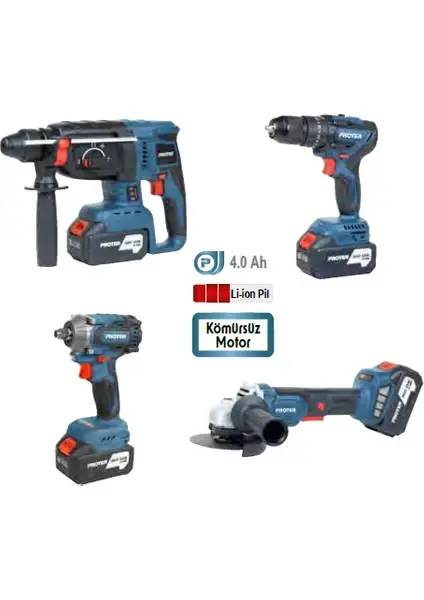 Proter Pst 914 Quatro Akülü Vidalama Seti 4'lü Şarjlı Matkap ve Taşlama Aletleri