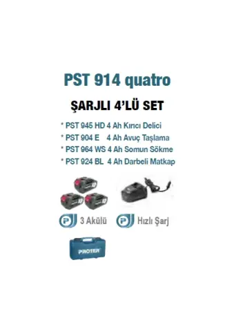 Proter Pst 914 Quatro Akülü Vidalama Seti 4'lü Şarjlı Matkap ve Taşlama Aletleri