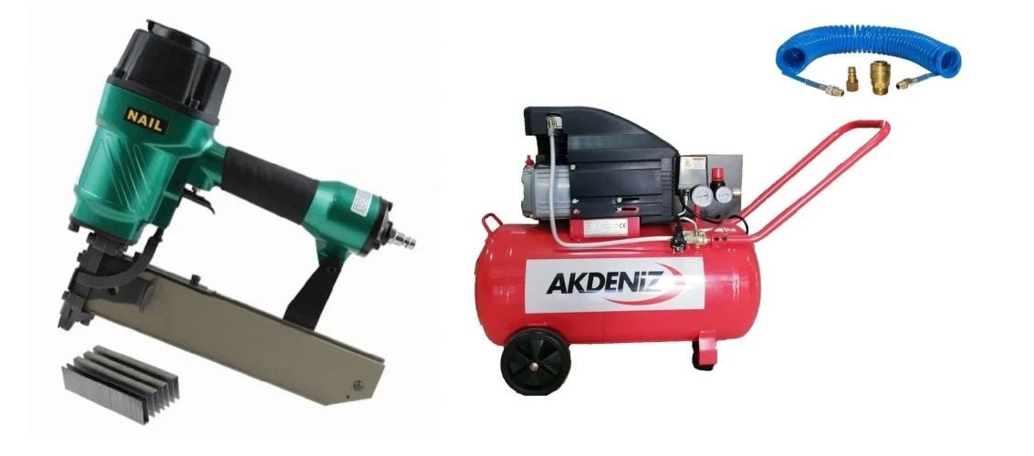 Nail 100/50 Akdeniz Havalı Zımba Tabancası , Akdeniz 50 Lt Kompresör Seti