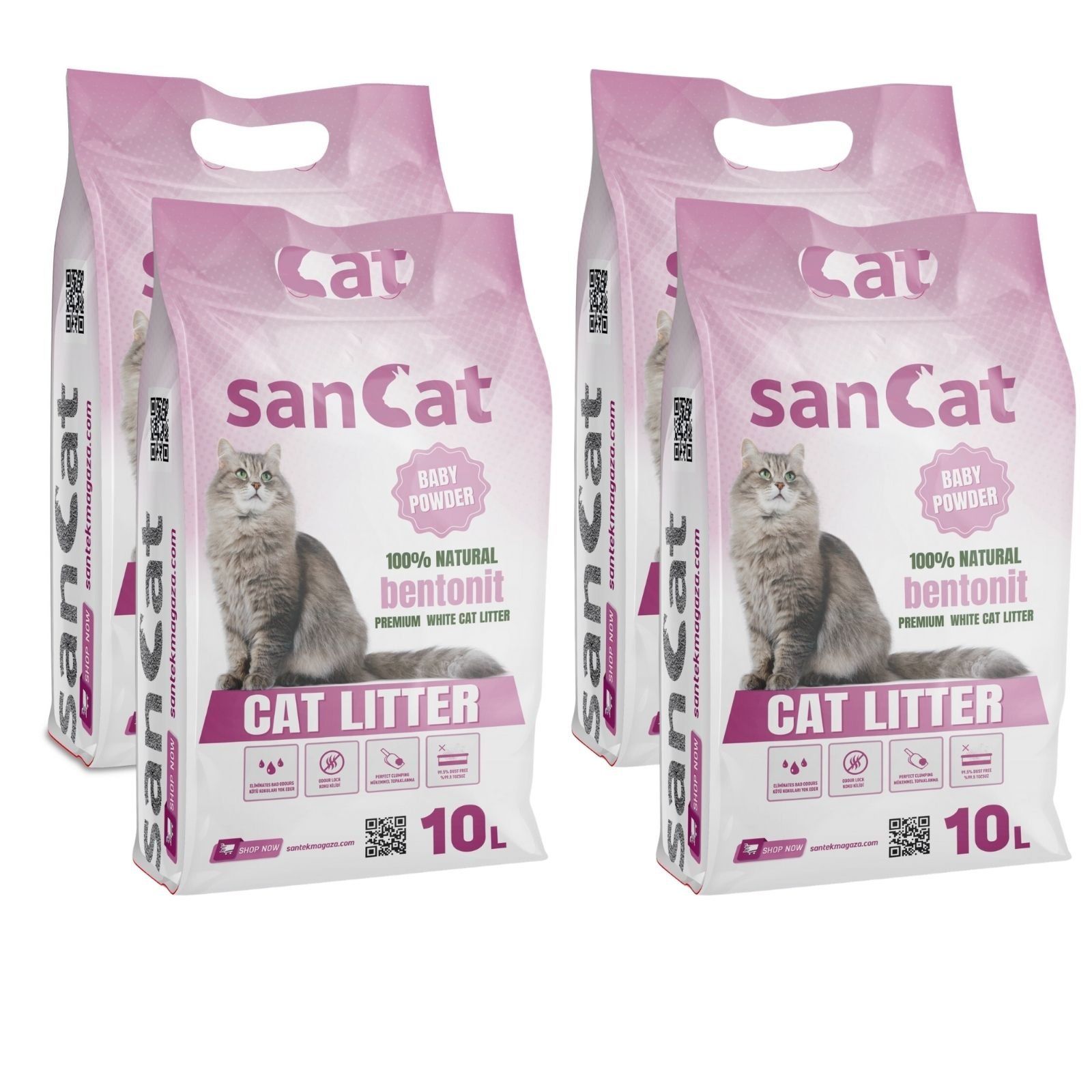 Sancat Bebek Pudrası Kokulu Premium Beyaz Kedi Kumu 10 Lt. X 4 Adet