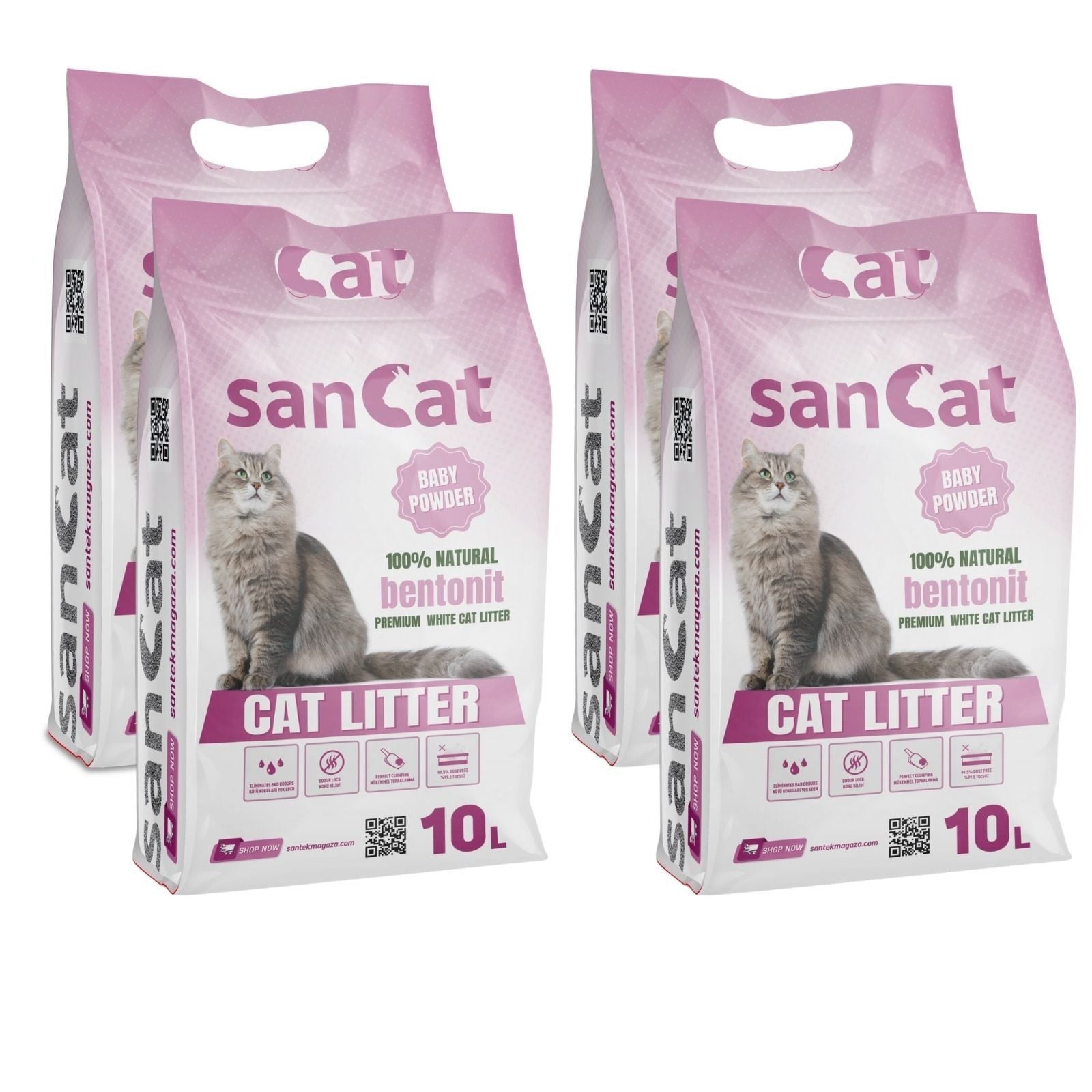 Sancat Bebek Pudrası Kokulu Premium Beyaz Kedi Kumu 10 Lt. X 4 Adet