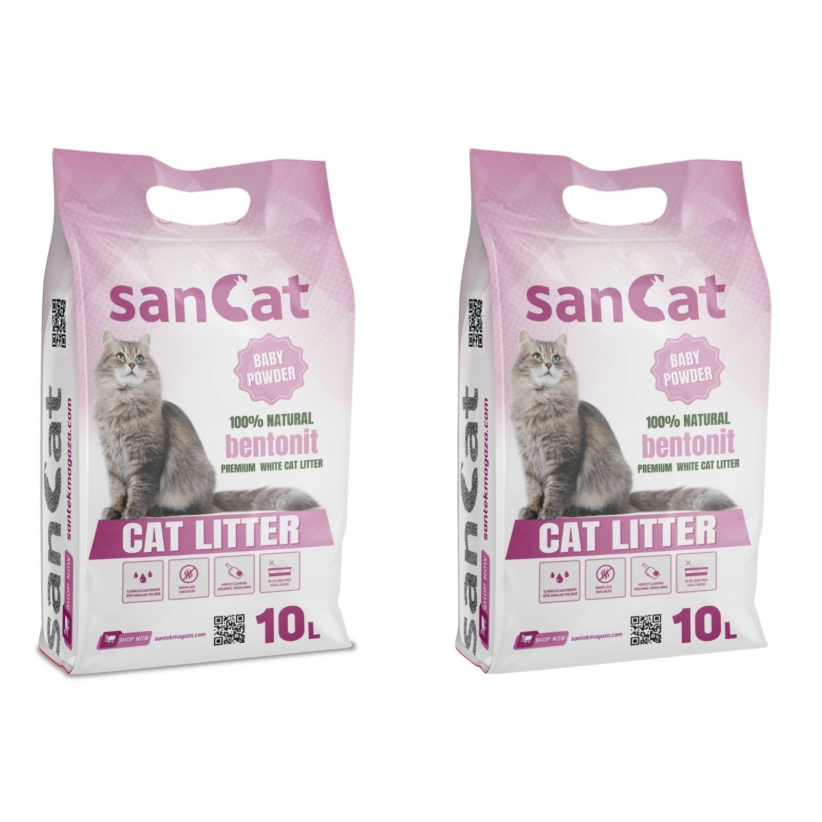 Sancat Bebek Pudrası Kokulu Premium Beyaz Kedi Kumu 10 Lt. X 2 Adet