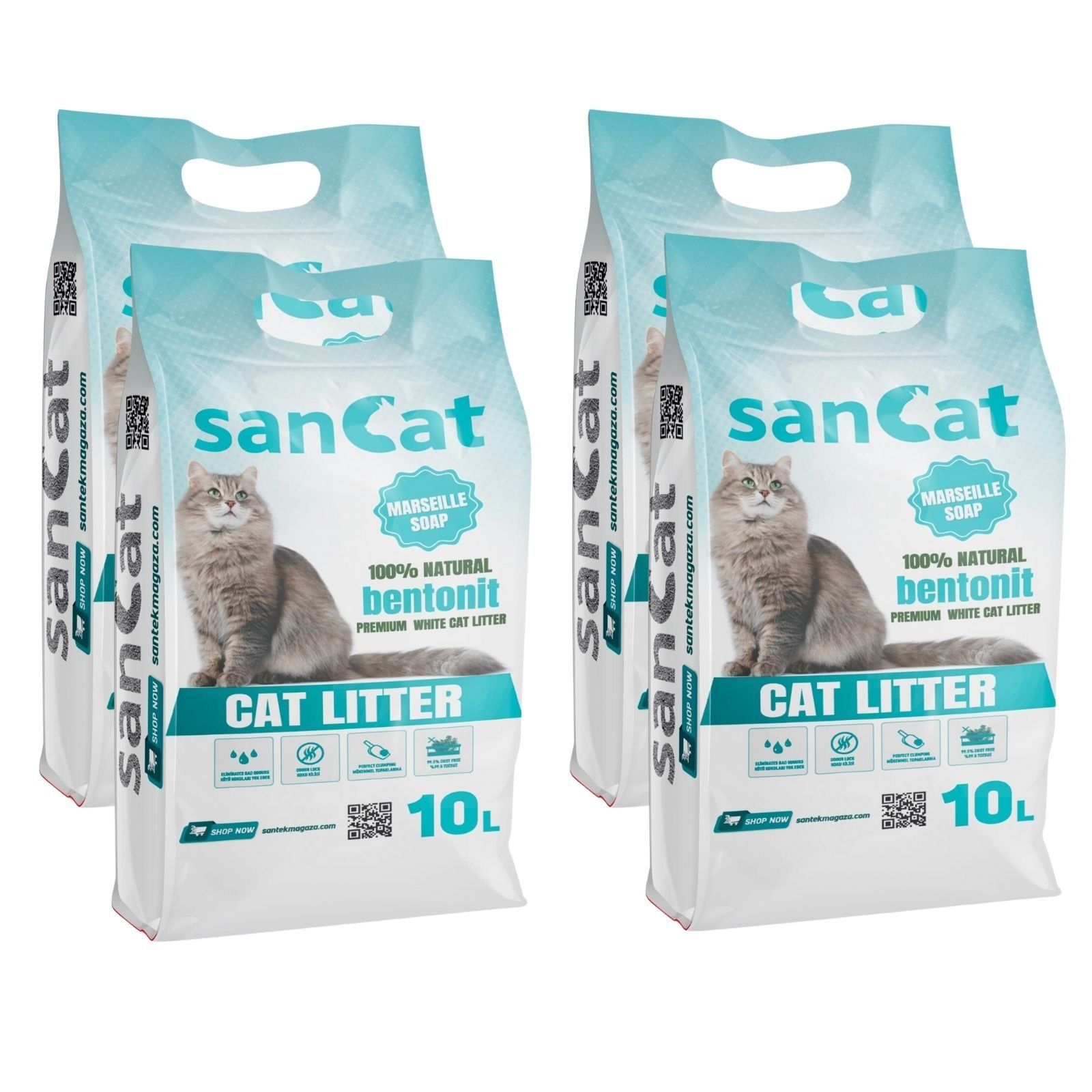 Sancat Marsilya Sabunu kokulu Premium Beyaz Kedi Kumu 10 Lt X 4 Adet