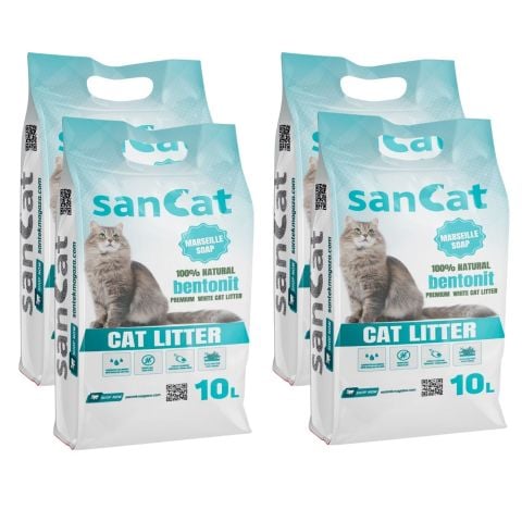 Sancat Marsilya Sabunu kokulu Premium Beyaz Kedi Kumu 10 Lt X 4 Adet