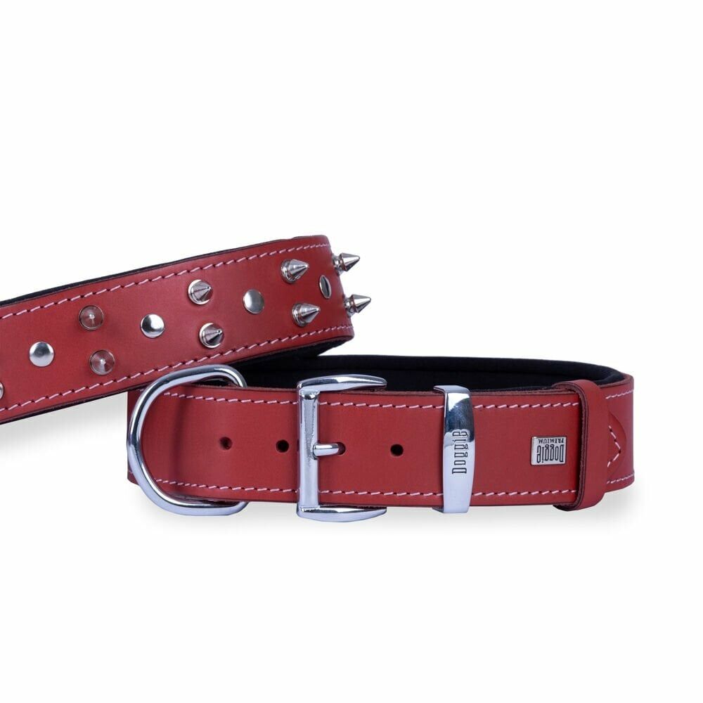 Doggie Konfor Deri Çivili Boyun Tasması Kırmızı 4X47-55Cm