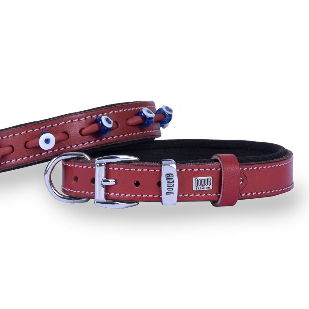 Doggie Konfor Deri Nazar Boncuklu Boyun Tasması Kırmızı 3X42-50Cm
