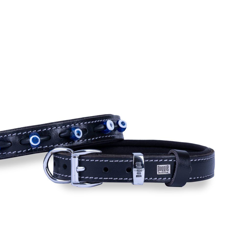 Doggie Konfor Deri Nazar Boncuklu Boyun Tasması Siyah 2,5X37-45Cm
