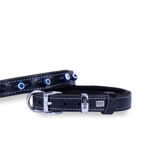 Doggie Konfor Deri Nazar Boncuklu Boyun Tasması Siyah 2,5X37-45Cm