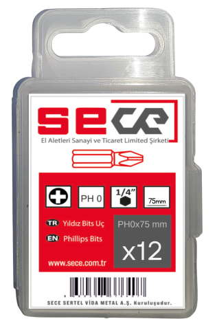 Sece 1/4'' Yıldız Bits Uç Ph0X75 Mm 12 Adet