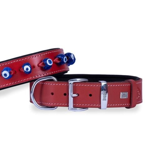 Doggie Konfor Deri Nazar Boncuklu Boyun Tasması Kırmızı 4X57-65Cm