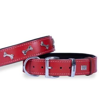 Doggie Konfor Deri Kemik Süslü Boyun Tasması Kırmızı 3,5X52-60Cm