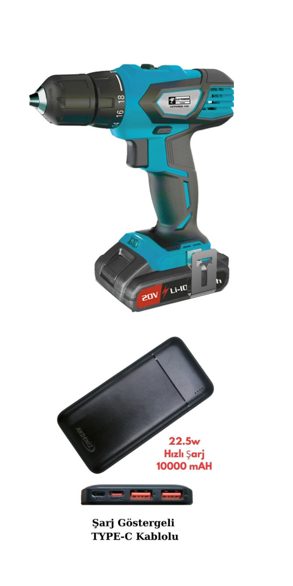 Catpower 4140 Li-İon Şarjlı Matkap 2.2 Ah 20 V Çift Akü+Akdeniz Taşınabilir Şarj Cihazı (Model: S125Q)