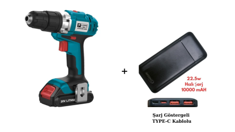 Catpower CAT5150 20 V 2.0 Ah Li-ion Çift Akülü Vidalama Makinesi  + Akdeniz Taşınabilir Şarj Cihazı (Model: S125Q)