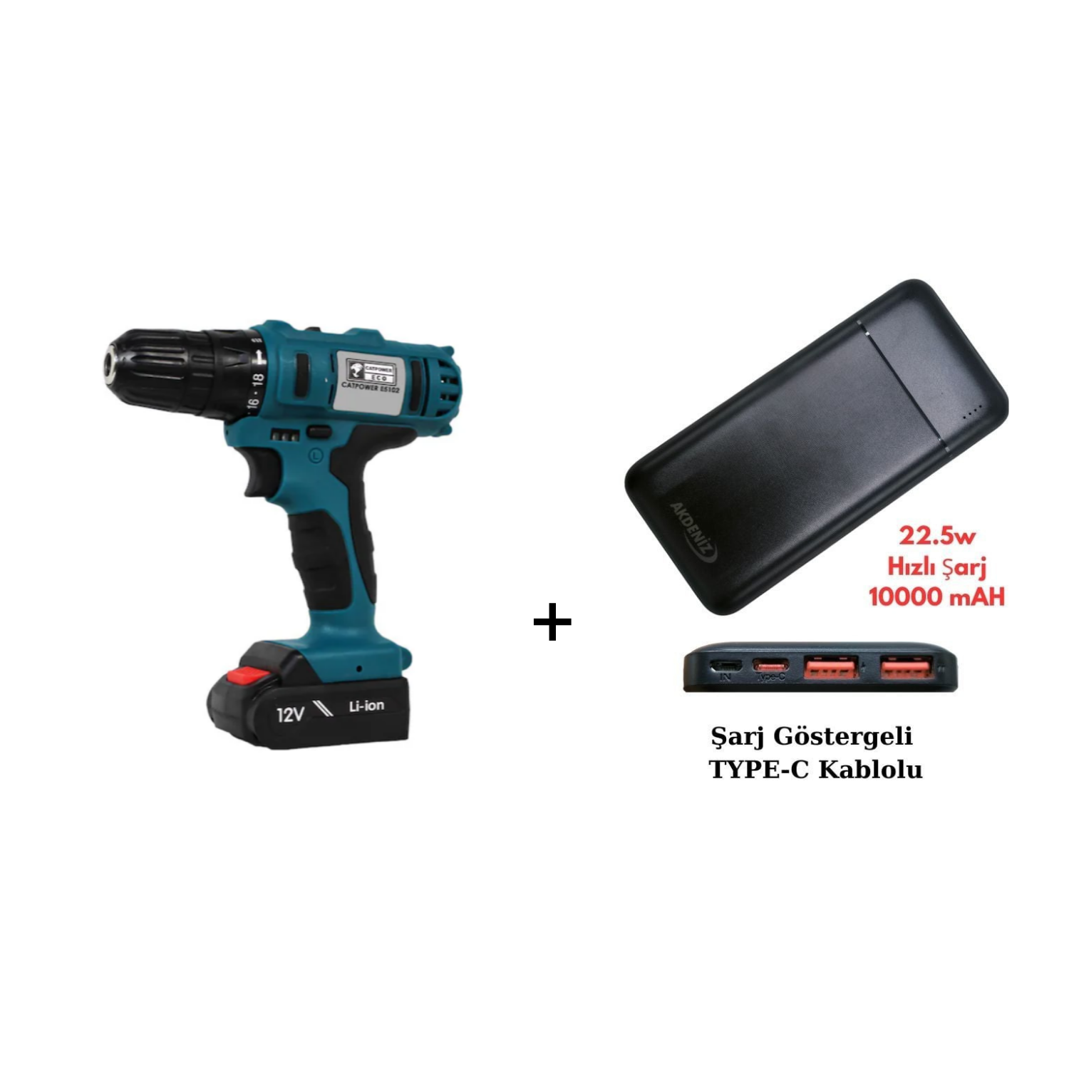 Catpower E5102 20V 1.5Ah Li-ion Çift Akülü Matkap Vidalama  + Akdeniz Taşınabilir Şarj Cihazı (Model: S125Q)