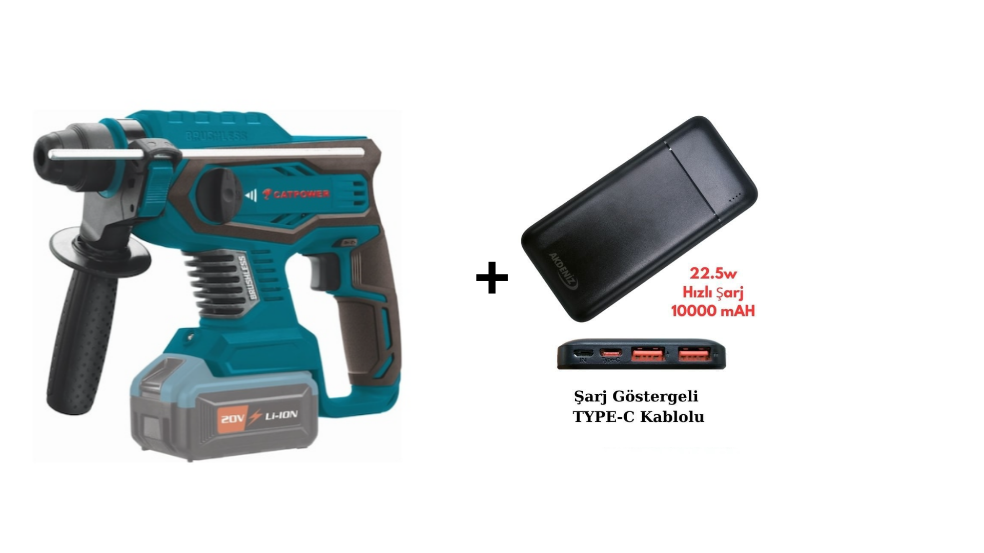 Catpower 4125 2.0 V Akülü Kömürsüz Kırıcı Delici 3.8 KG - CAT4125 + Akdeniz Taşınabilir Şarj Cihazı (Model: S125Q)