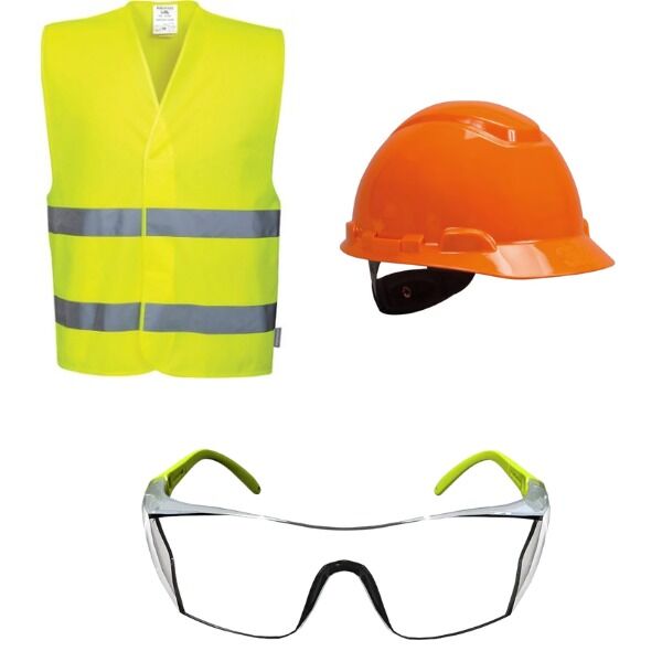 Essafe İkaz Yeleği Cırtlı Fosforlu+3M™ H700NUV Havalandırmalı Vidalı UV'li Baret Turuncu+Baymax S-1551 Quattro Gözlük Şeffaf