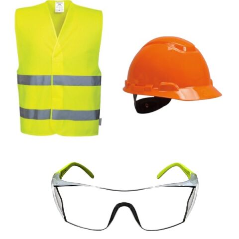 Essafe İkaz Yeleği Cırtlı Fosforlu+3M™ H700NUV Havalandırmalı Vidalı UV'li Baret Turuncu+Baymax S-1551 Quattro Gözlük Şeffaf