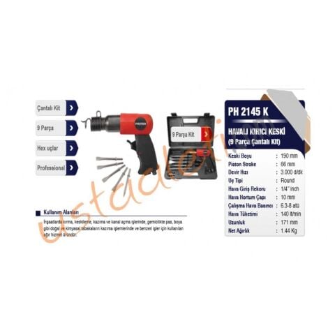 Proter PH 2145 K Havalı Kırıcı-Keski (9 Parça Çantalı Kit)