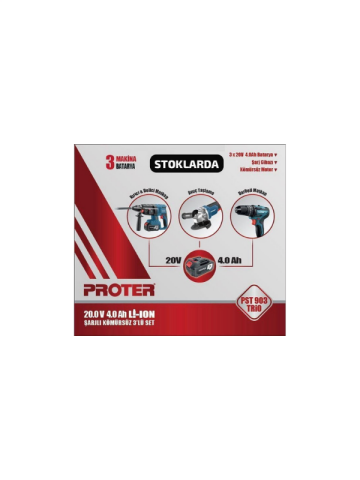 Proter PST 903 Trio Şarjlı Delici Kırıcı Matkap + Avuç Taşlama + Darbeli Matkap 3'lü Set