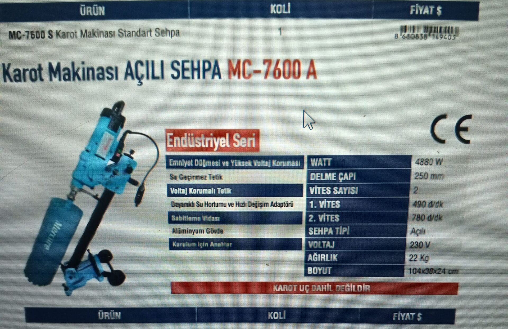 Mercure Endüstriyel Karot Makinası Açılı  Sehpa MC-7600 A