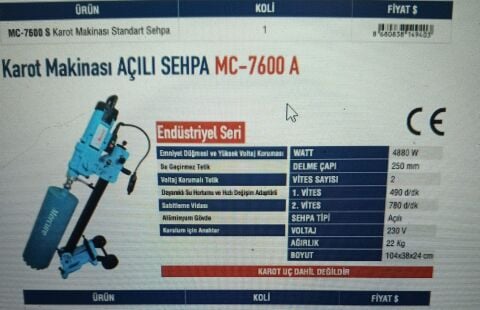 Mercure Endüstriyel Karot Makinası Açılı  Sehpa MC-7600 A