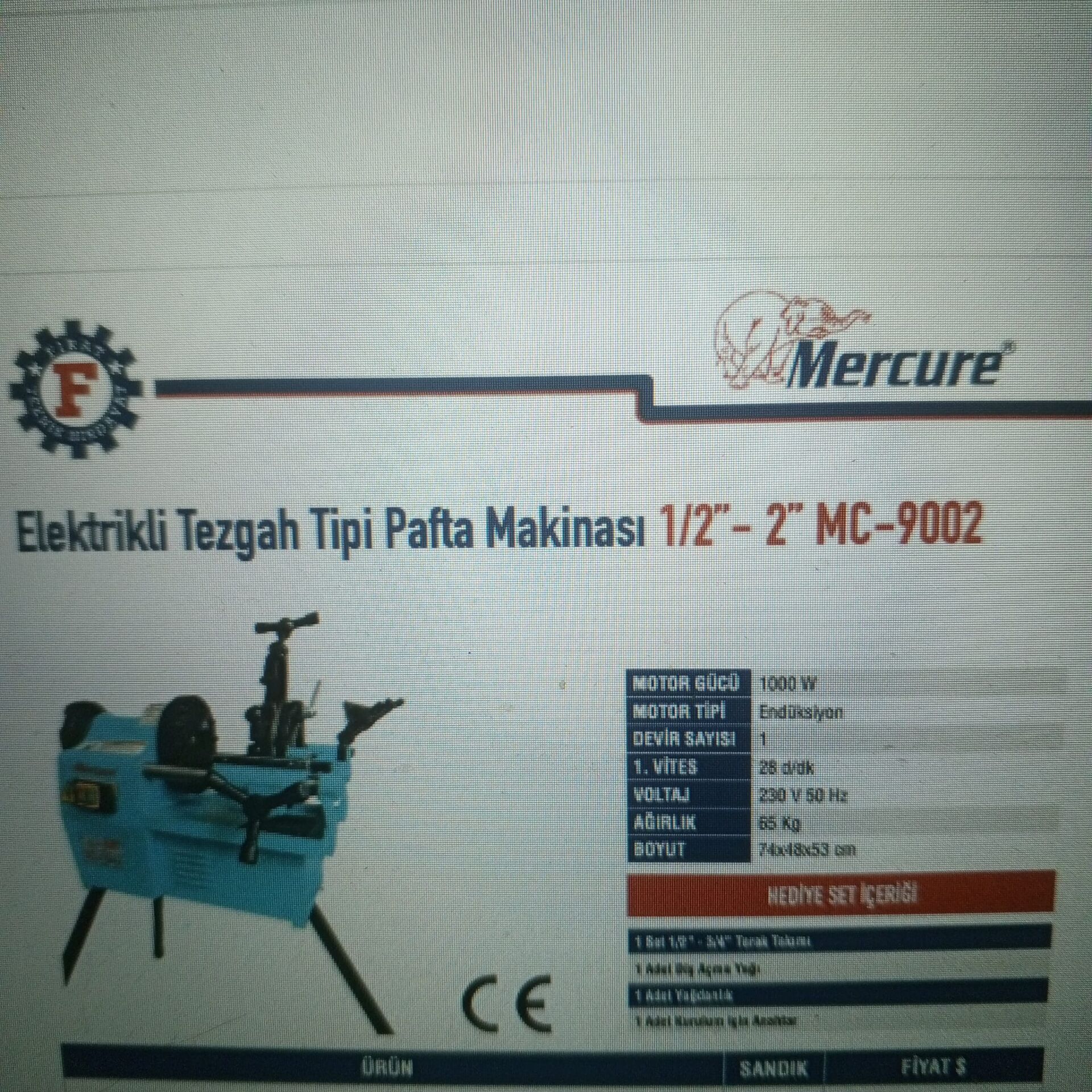 Mercure Elekririkli Tezgah Pafta Makinesi 1/2'-2''