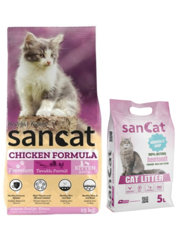 Sancat Premium Tavuklu Yavru Kedi Maması 15 Kg, Marsilya Sabunu Kokulu Kedi Kumu 5 Lt.