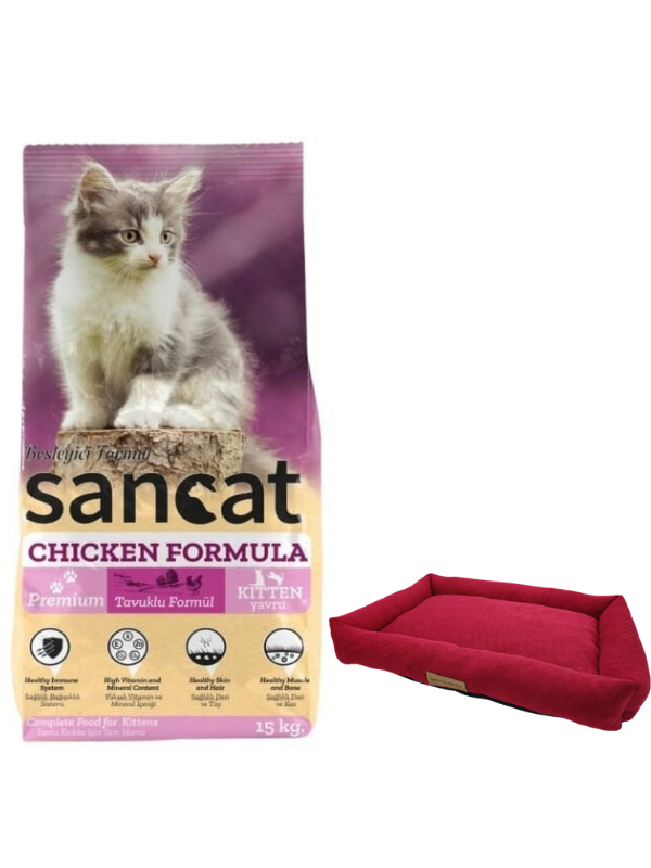 Sancat Premium Tavuklu Yavru Kedi Maması 15 Kg,Mini Small Bordo Yatak
