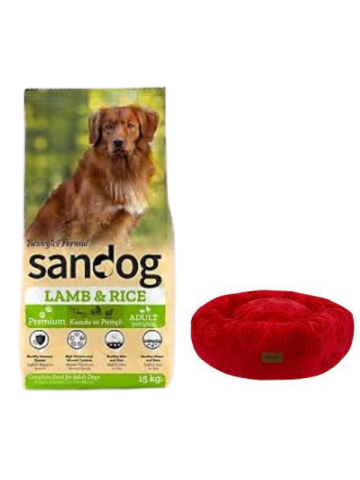 Sandog Premium Lamb&Rice Yetişkin Köpek Maması 15 Kg, Kırmızı Luxe Donut Yatak