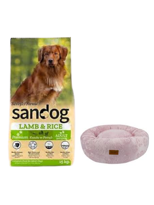 Sandog Premium Lamb&Rice Yetişkin Köpek Maması 15 Kg, Pembe Luxe Donut Yatak