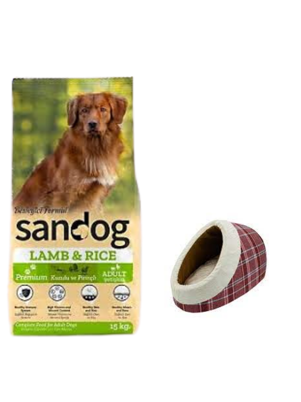 Sandog Premium Lamb&Rice Yavru Köpek Maması 15 Kg,Mia Alaska Ekose Kırmızı Yatak